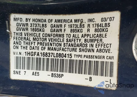 2007 Honda Civic Ex из США, поврежденный, VIN 1HGFA16837L080415